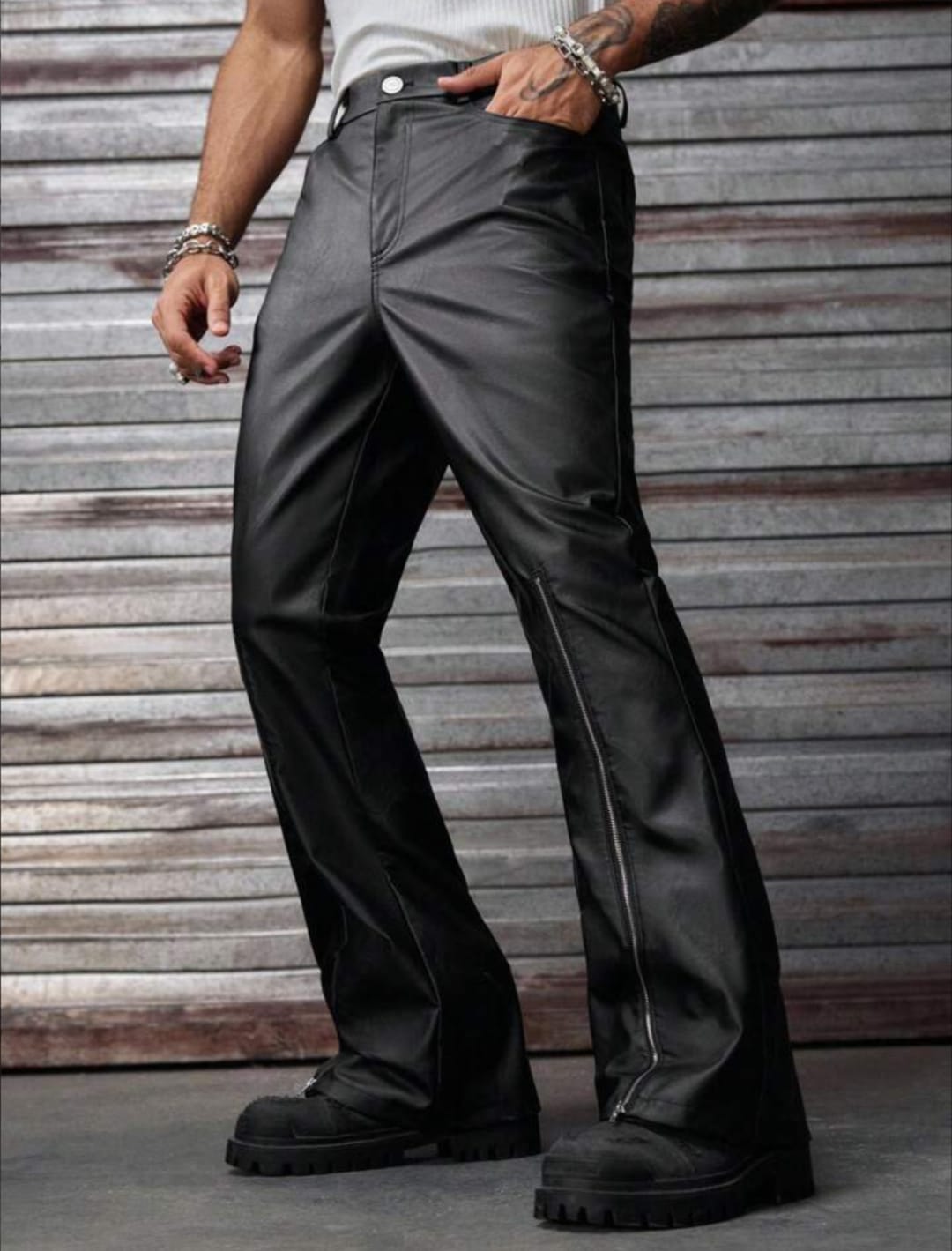 Men's Black Faux Leather Flared Pants with Front Zippers – Retro Streetwear Trousers